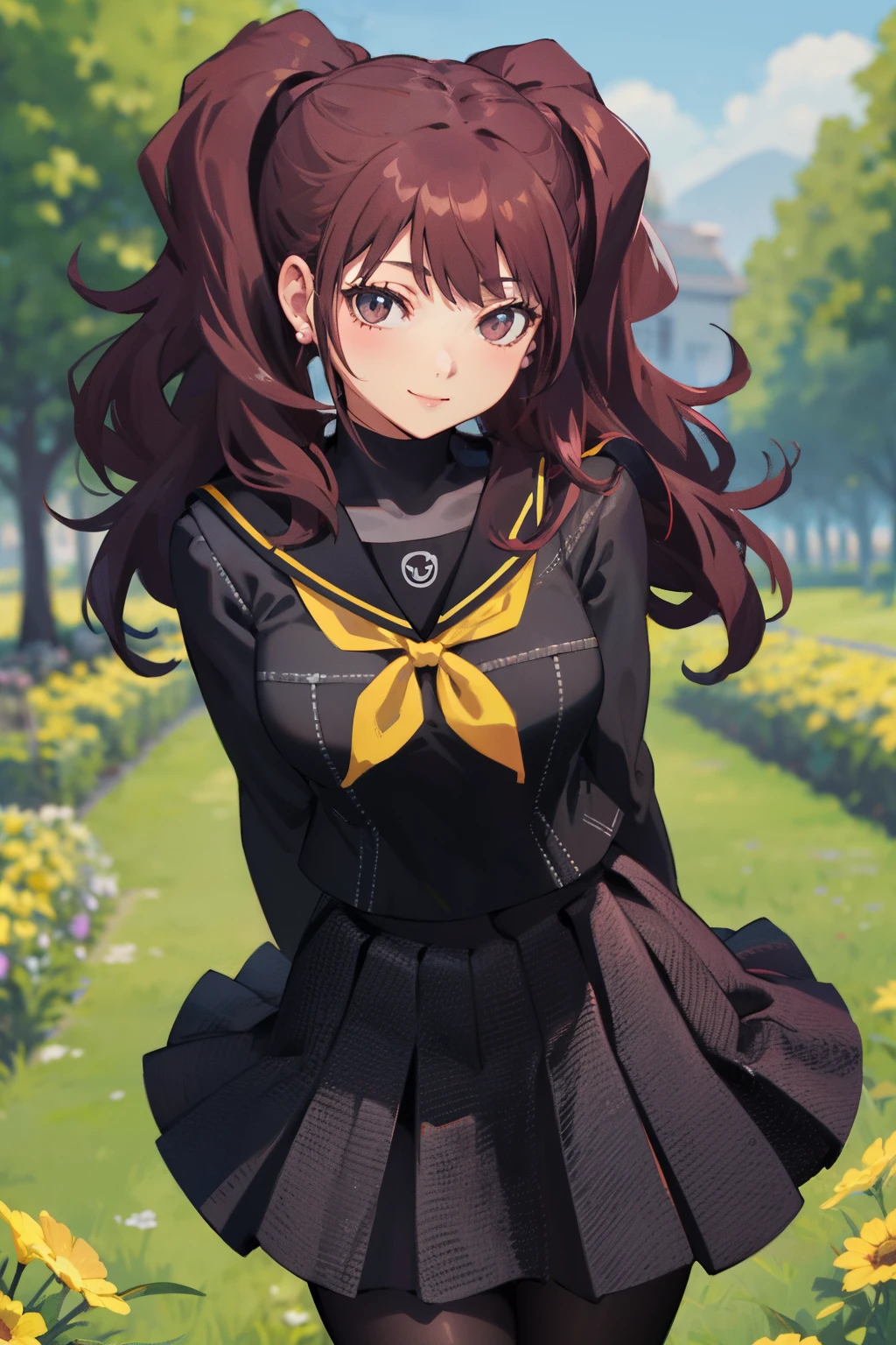 masterpiece, best quality, highres,
garden, flowers, cowboy shot, smile,
1girl, solo, looking at viewer, leaning leaning forward, hands arms behind back, 
kujikawarise, long hair, medium breasts, twintails, bangs, 
skirt, long sleeves, jewelry, school uniform, pleated skirt, earrings, serafuku, miniskirt, black skirt, sailor collar, neckerchief, turtleneck, yellow neckerchief, yasogami school uniform, pantyhose, black shirt, black uniform, white shirt,