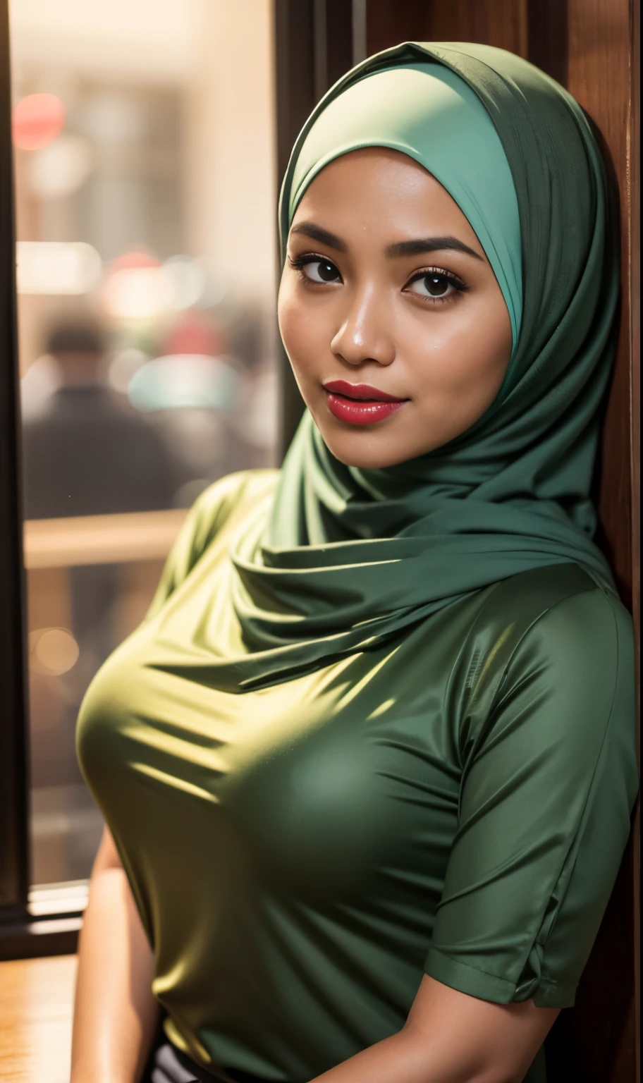 Half body portrait of a 33 years old malay woman sit in front of giant mirror, wearing hijab, wearing peach blouse with satin green slack, narrow waist, indoor shot, looking up at coffee shop sign, soft lighting, smirk face, circle bokeh , big breast, catwalk, morningtime, surrounded by a comfortable, cool atmosphere, looking at the viewer. (Skin details:1.3), hairy hands, Hijab, slim, red lips, seductive with bokeh camera background