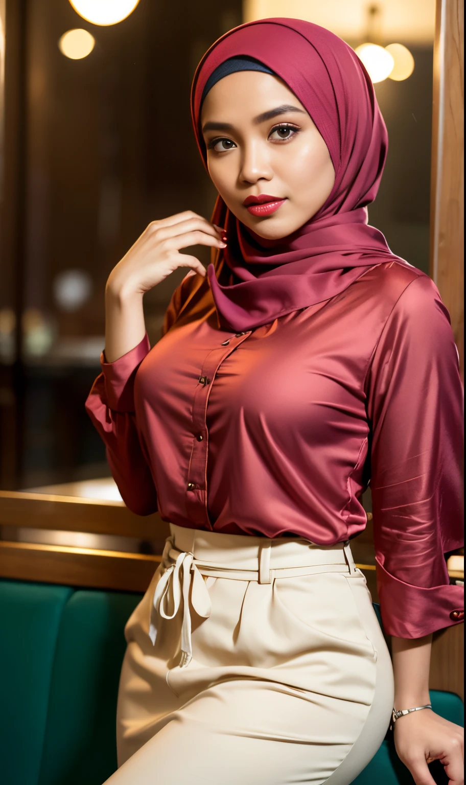 Half body portrait of a 3 malay woman sit in front of giant mirror, wearing hijab, wearing peach blouse with satin green slack, narrow waist, indoor shot, looking up at coffee shop sign, soft lighting, smirk face, circle bokeh , big breast, catwalk, morningtime, surrounded by a comfortable, cool atmosphere, looking at the viewer. (Skin details:1.3), hairy hands, Hijab, slim, red lips, seductive with bokeh camera background