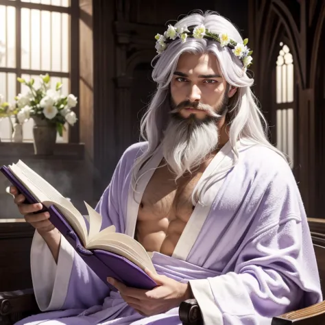 male, skinny, crème robes, long hair, beard, late 50s, white hair, purple eyes, flower crown, holding book