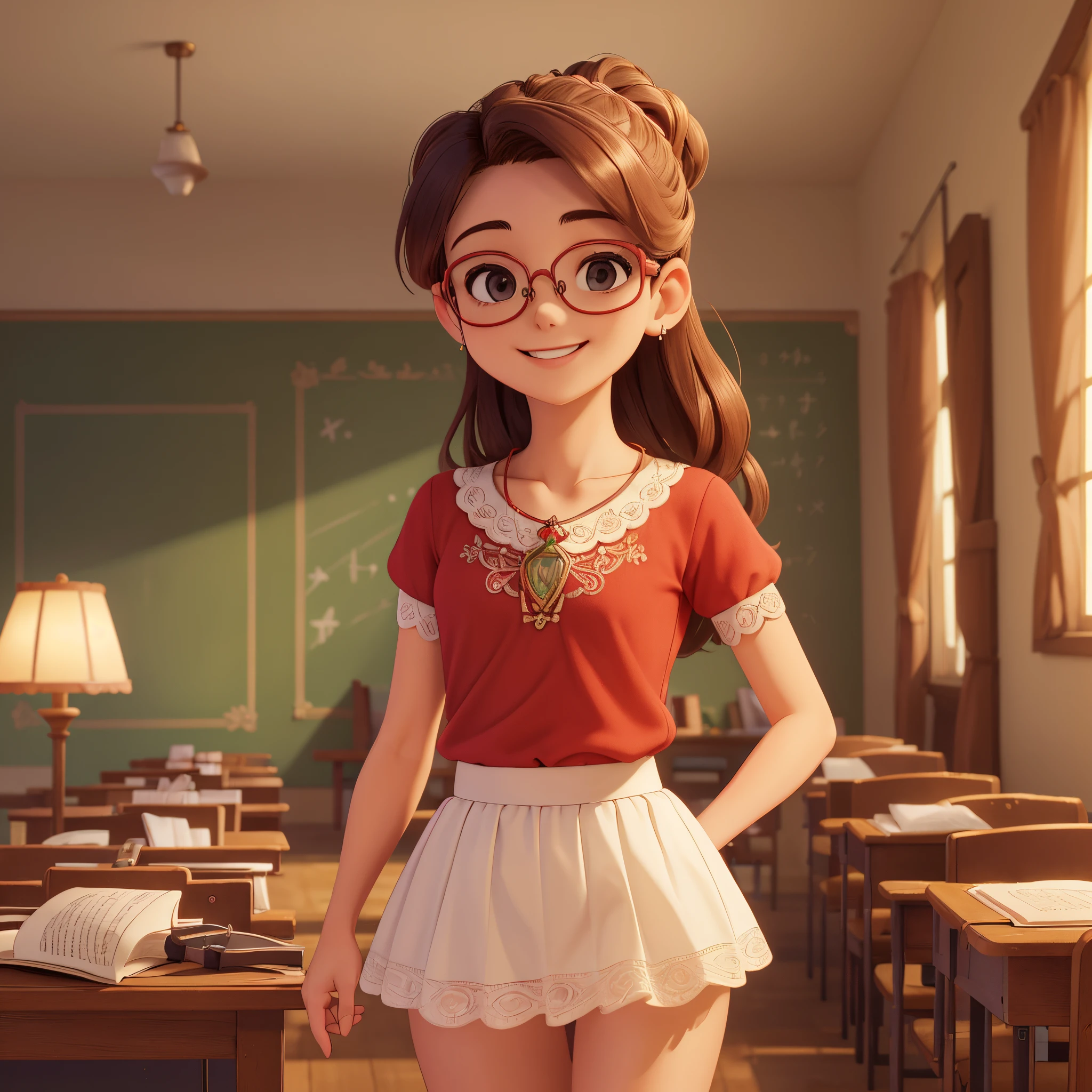 A woman in a red shirt and white skirt standing in a classroom - SeaArt AI