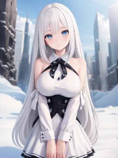 big breasts beautiful， young woman， in the crystal and ice zone， drifting snow， white hours， gradient hair， white hair， white ha...