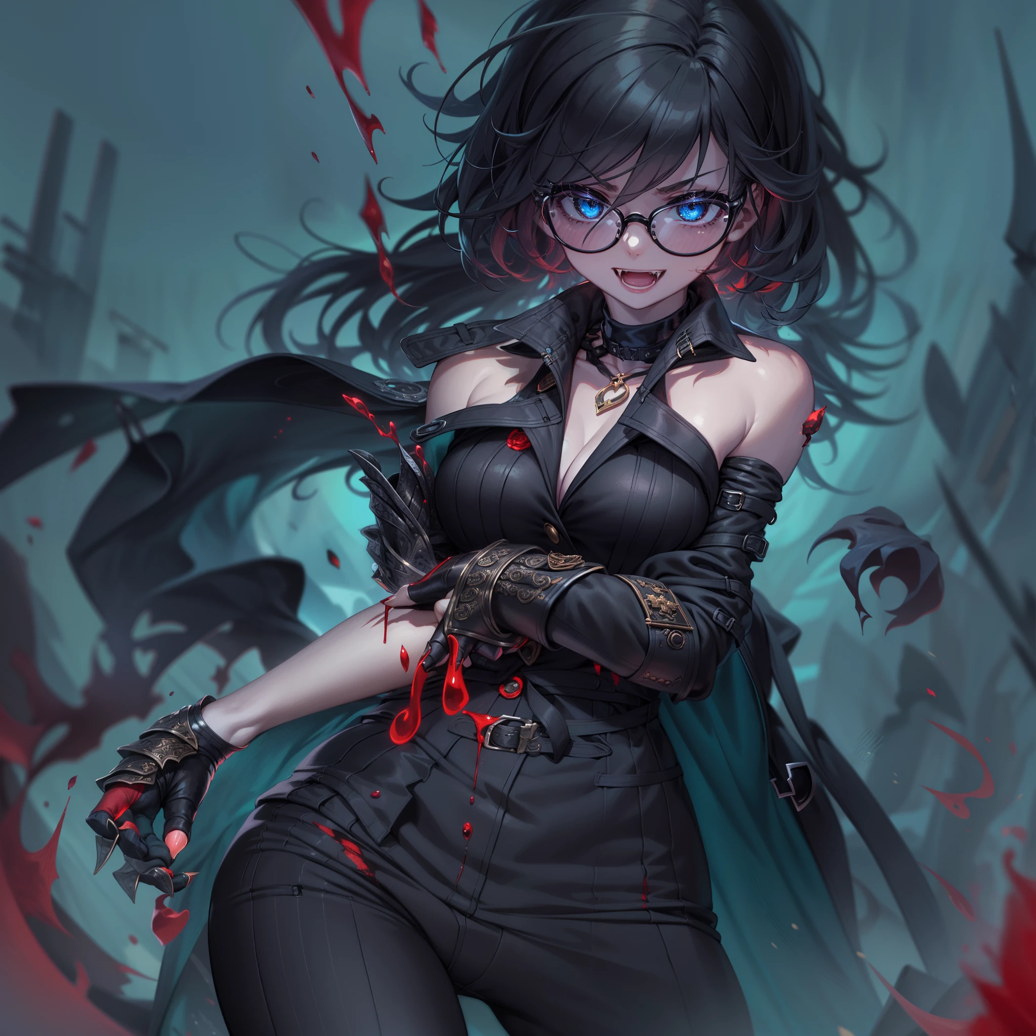 (High resolution, best quality, masterpiece) detail, intricate detail, 1female, ((solo _focused)), single, one woman, physically fit, curvy, pale skin, vampire, fierce expression, dark eyes, (detailed eyes), red_rimmed eyes, sharpened fangs, black hair, short hair, full body, human hands, ((detailed hands)), ((pointed fingers)), medium breast, beautiful, cute, dark aura surrounding her, (topwear:(((shirt:black, trench_coat:black)), handwear:((gauntlets), bottomwear:(pants:blue))))), blood dripping, glasses on the top of her head, dark tinted glasses, grinning, cocky expression, menacing, blood spatter