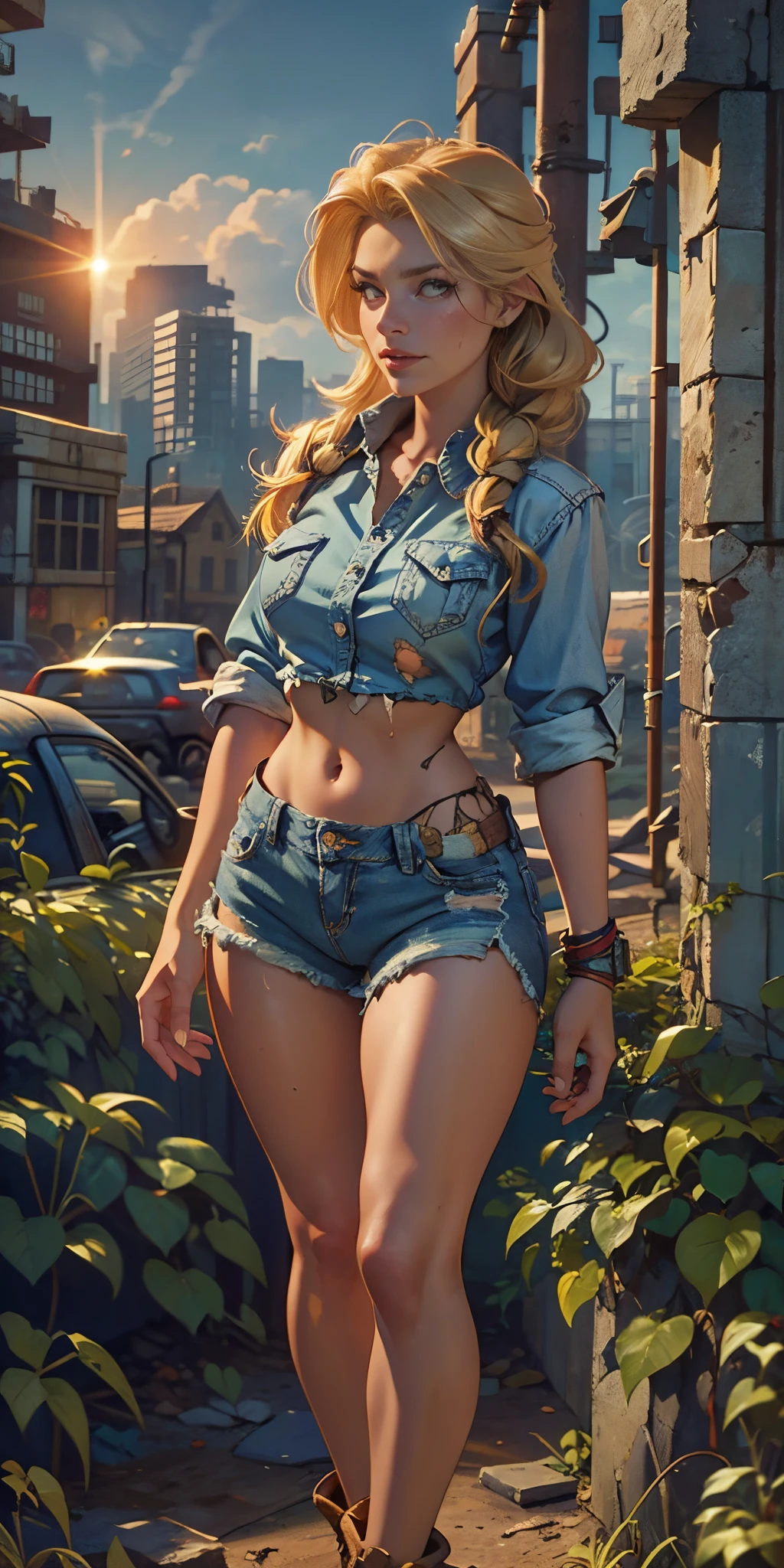 2076 year. The Urban Ruins of the Wasteland, Female huntress picking fruit in the garden, beautiful face, blonde, badly torn shirt and denim shorts ,  long legs, sweating through, sun rising, Nice warm colors, head to toe full body shot