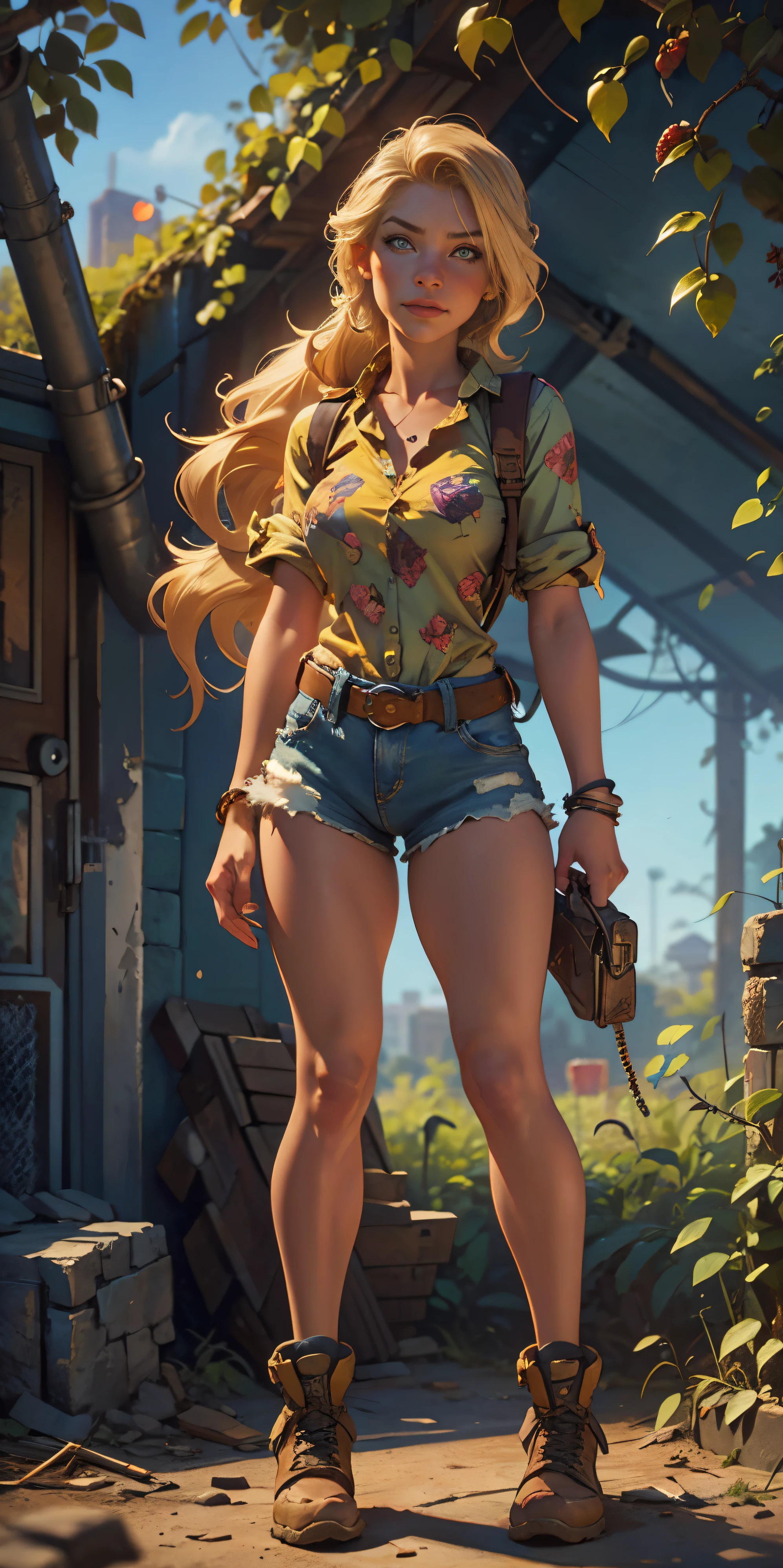 2076 year. The Urban Ruins of the Wasteland, Female huntress picking fruit in the garden, beautiful face, blonde, badly torn shirt and denim shorts ,  long legs, sweating through, sun rising, Nice warm colors, head to toe full body shot