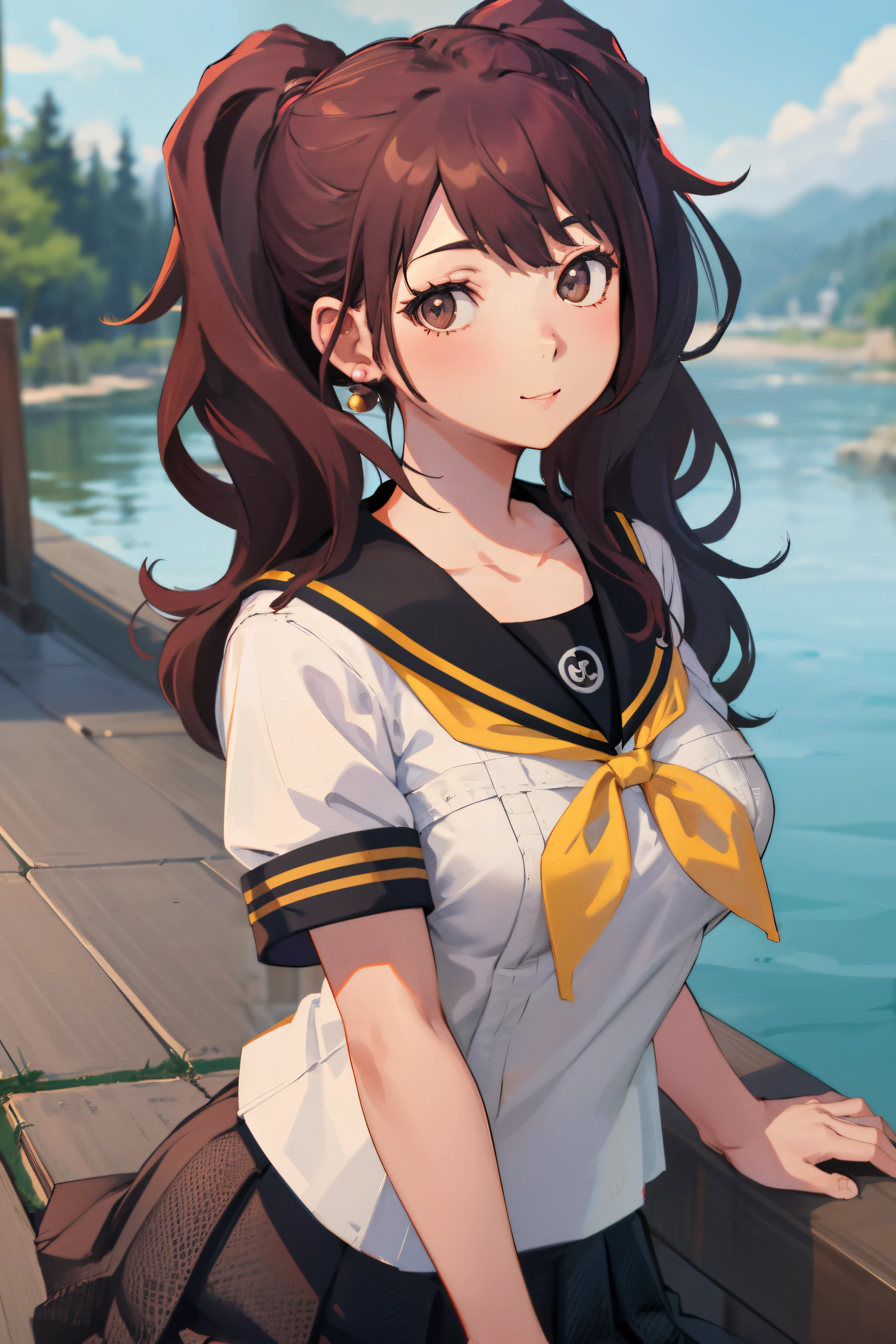 masterpiece, best quality, highres,
rural japan, japanese architecture in the background, smile,
1girl, solo, looking at viewer, breast rest,
kujikawarise, long hair, medium breasts, twintails, bangs, 
skirt, collarbone,  school uniform, white shirt,  shirt,  short sleeves, pleated skirt, serafuku, black skirt, sailor collar, neckerchief, black sailor collar, yellow neckerchief, yasogami school uniform, earrings,