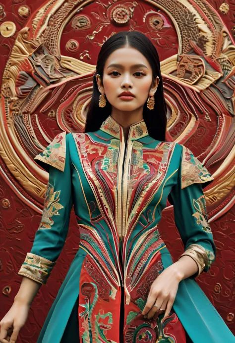 An Indonesian-styled futuristic suit worn by a girl depicting cultural fusion and modern fashion. The suit is adorned with intri...