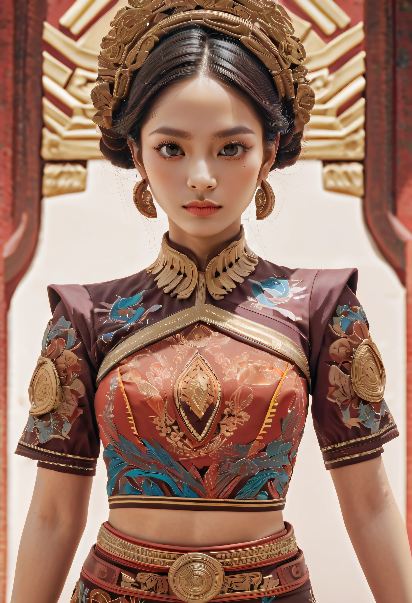 An Indonesian-styled futuristic suit worn by a girl depicting cultural fusion and modern fashion. The suit is adorned with intricate patterns and vibrant colors, showcasing the rich heritage of Indonesia. The girl stands confidently in a dynamic pose, with her detailed eyes reflecting determination and curiosity. The suit's material is a combination of traditional textiles and futuristic synthetic fabrics, giving it a unique and avant-garde appearance. The overall image quality is of the highest standard, with sharp focus and ultra-detailed rendering. The artwork employs physically-based rendering techniques, resulting in realistic lighting and shadows. The colors are vivid and vibrant, capturing the essence of Indonesian cultural aesthetics. The background features a fusion of modern architecture and traditional elements, creating a harmonious blend of the past and the future. The prompt explores the intersection of Indonesian culture, futuristic design, and the artistic representation of a confident girl.