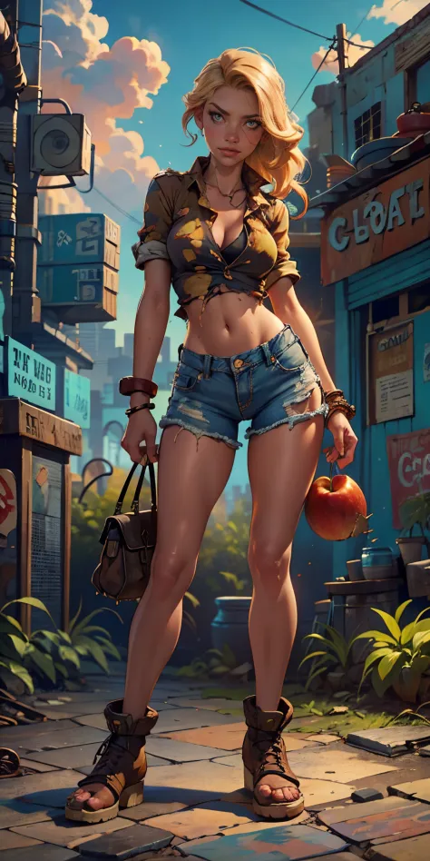 2076 year. The Urban Ruins of the Wasteland, Female huntress picking fruit in the garden, beautiful face, blonde, badly torn shi...