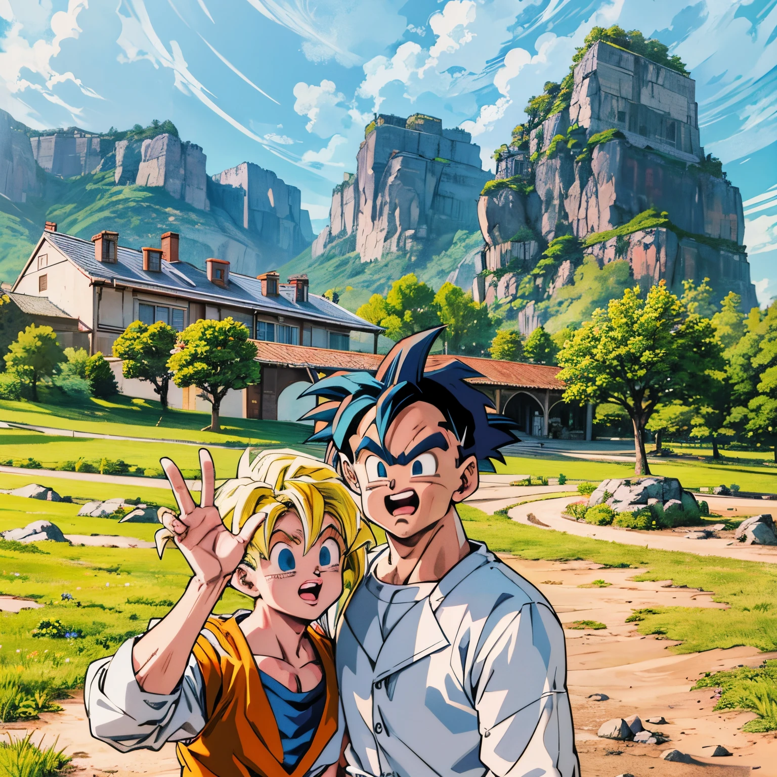 there are two people standing in a field with mountains in the background, yellow hair,super saiyan goku, super sayan, super sayian goku, super saiyan 3, going super saiyan, dragon ball concept art, dragon ball artstyle, 4 k manga wallpaper, goku from dragon ball, an epic anime of a energy man, 4k anime wallpaper,((close mouth:1.3)),