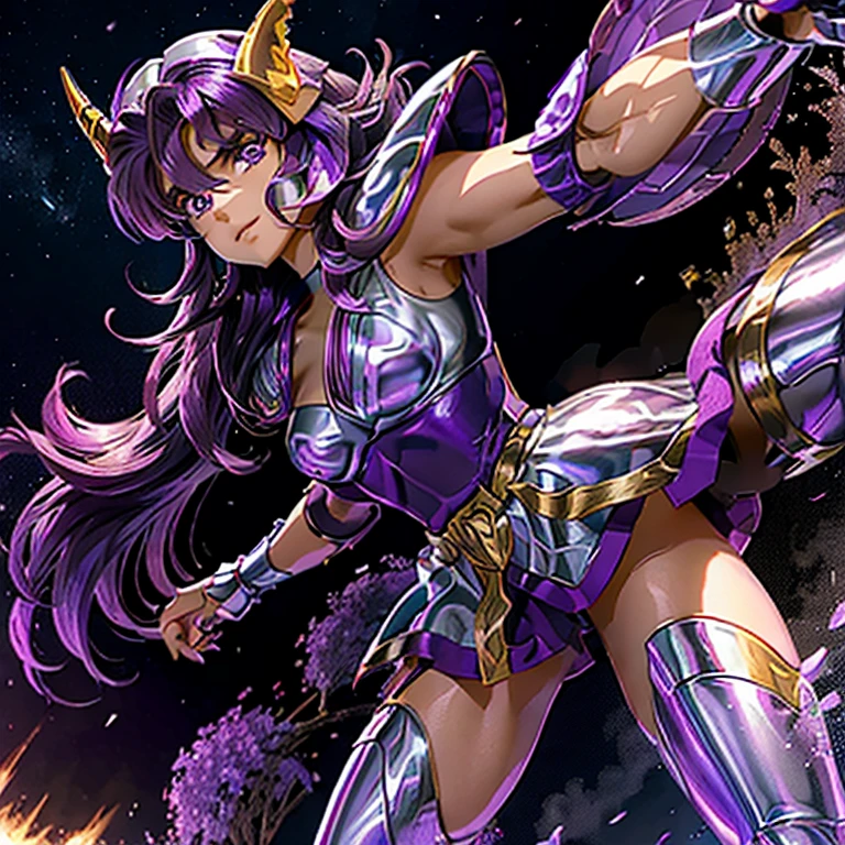 Una mujer que llevaba una armadura. , Saint Seiya, Armadura Unicornio Púrpura, Cabello oscuro y morado, pelo largo trenzado, , personaje carismático, Avatar de seconde vie, Buena captura de pantalla, Femme seduisante vue complète du corps, alta calidad, piel muy detallada