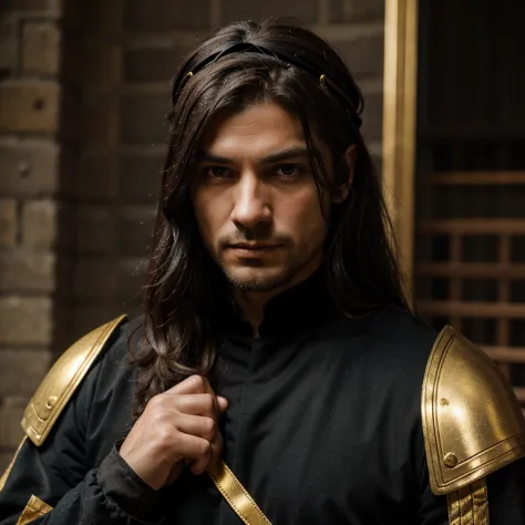 Male, mid thirties, tired, medieval clothing, black clothing, medium length hair, gold band around head, thin