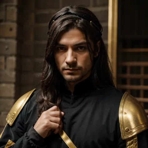 male, mid thirties, tired, medieval clothing, black clothing, medium length hair, gold band around head, thin