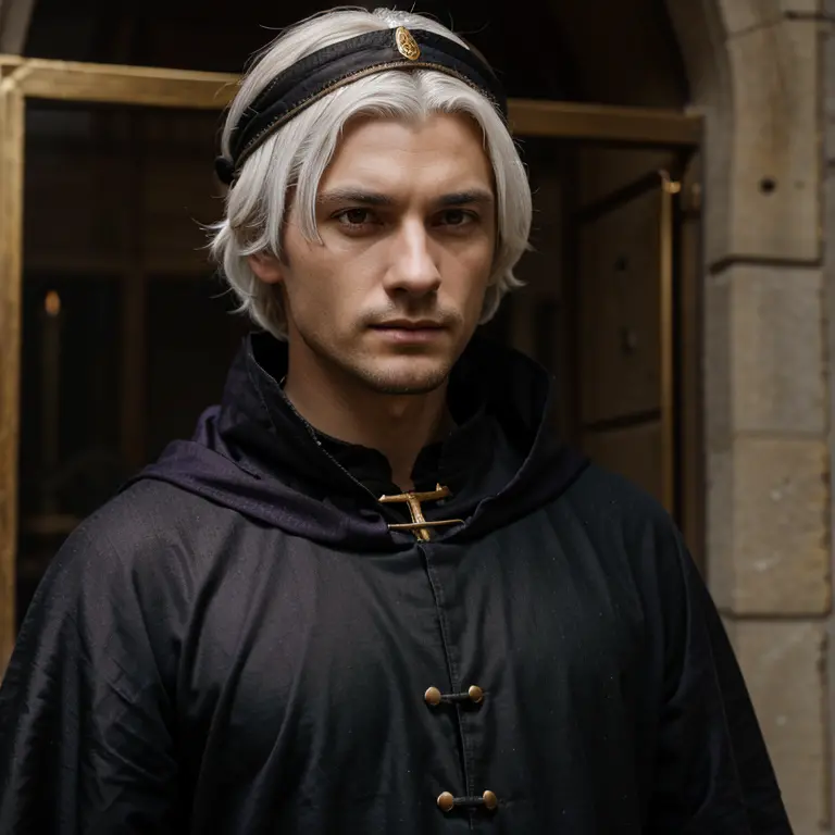 Male, mid thirties, tired, medieval clothing, black clothing, medium length hair, gold band around head, thin, white hair, purpl...