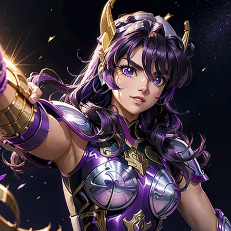 A woman wearing an armor , Saint Seiya, Unicorn Purple Armor, Dark and Purple hair, Braided long hair, , Charismatic character, ...