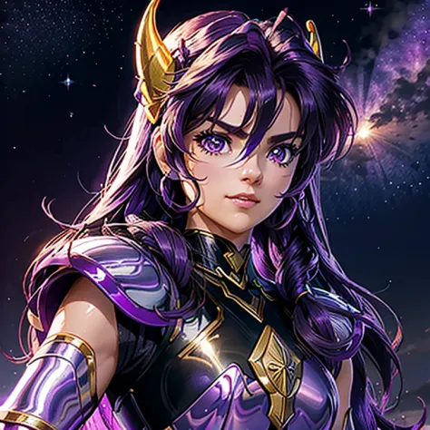 A woman wearing an armor , Saint Seiya, Unicorn Purple Armor, Dark and Purple hair, Braided long hair, , Charismatic character, ...