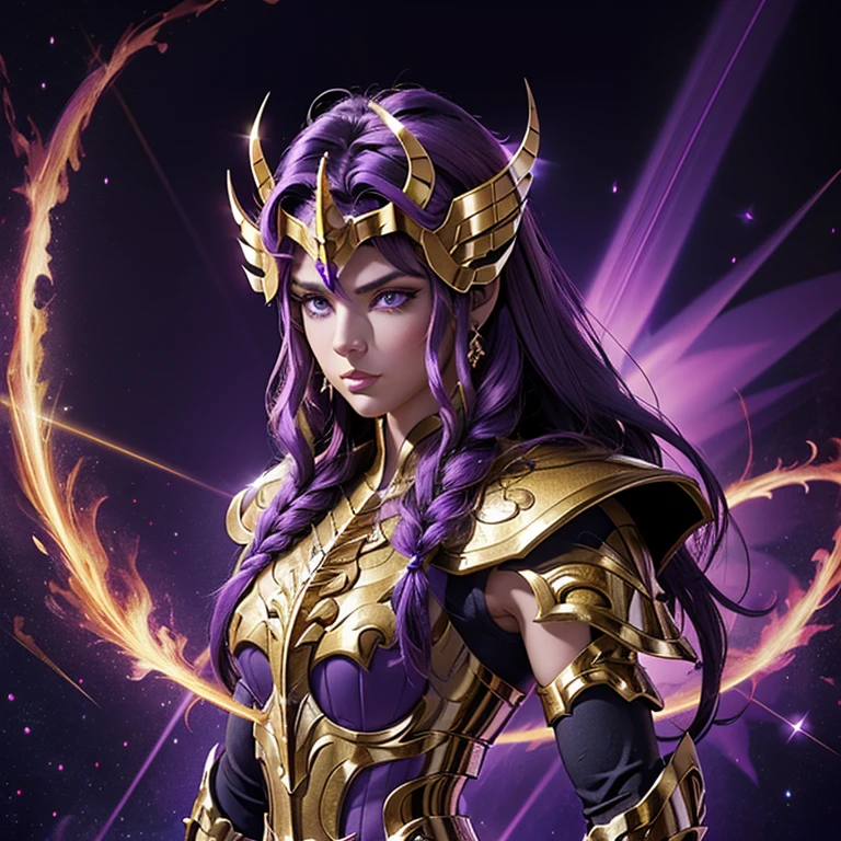 Una mujer que llevaba una armadura. , Saint Seiya, Armadura Unicornio Púrpura, casco de unicornio, Cabello oscuro y morado, pelo largo trenzado, , personaje carismático, Avatar de seconde vie, Buena captura de pantalla, Femme seduisante vue complète du corps, alta calidad, Piel muy detallada