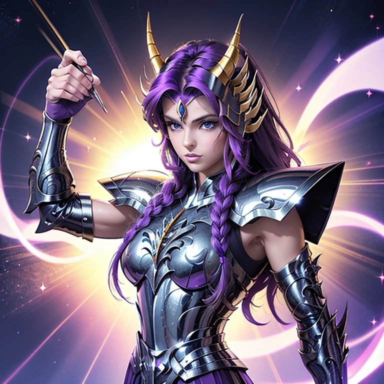 Une femme portant une armure , Saint seiya, Armure Licorne Violette, casque de licorne, Cheveux foncés et violets, Cheveux longs tressés, , Caractère charismatique, Avatar de seconde vie, Belle capture d&#39;écran, Femme seduisante vue complète du corps, Haute qualité, Peau très détaillée