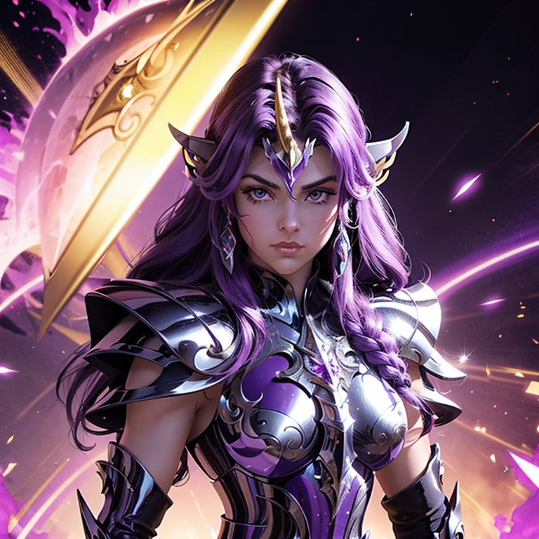 Une femme portant une armure , Saint seiya, Armure Licorne Violette, casque de licorne, Cheveux foncés et violets, Cheveux longs tressés, , Caractère charismatique, Avatar de seconde vie, Belle capture d&#39;écran, Femme seduisante vue complète du corps, Haute qualité, Peau très détaillée