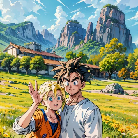 there are two people standing in a field with mountains in the background, yellow hair,super saiyan goku, super sayan, super say...