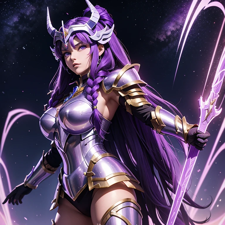 A woman wearing an armor , Saint Seiya, Unicorn Purple Armor, unicorm helmet, Dark and Purple hair, Braided long hair, , Charismatic character, Avatar de seconde vie, Nice screenshot, Femme seduisante vue complète du corps, High quality, very detailed skin