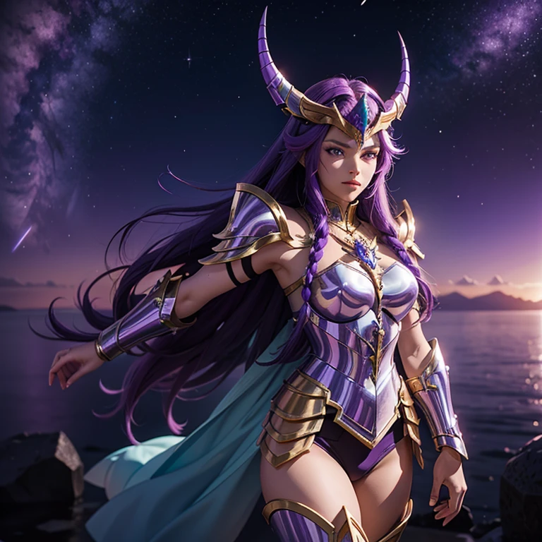 Una mujer que llevaba una armadura. , Saint Seiya, Armadura Unicornio Púrpura, casco de unicorm, Cabello oscuro y morado, pelo largo trenzado, , personaje carismático, Avatar de seconde vie, Buena captura de pantalla, Femme seduisante vue complète du corps, alta calidad, Piel muy detallada