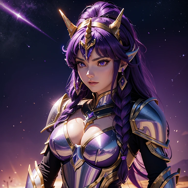 Una mujer que llevaba una armadura. , Saint Seiya, Armadura Unicornio Púrpura, casco de unicorm, Cabello oscuro y morado, pelo largo trenzado, , personaje carismático, Avatar de seconde vie, Buena captura de pantalla, Femme seduisante vue complète du corps, alta calidad, Piel muy detallada