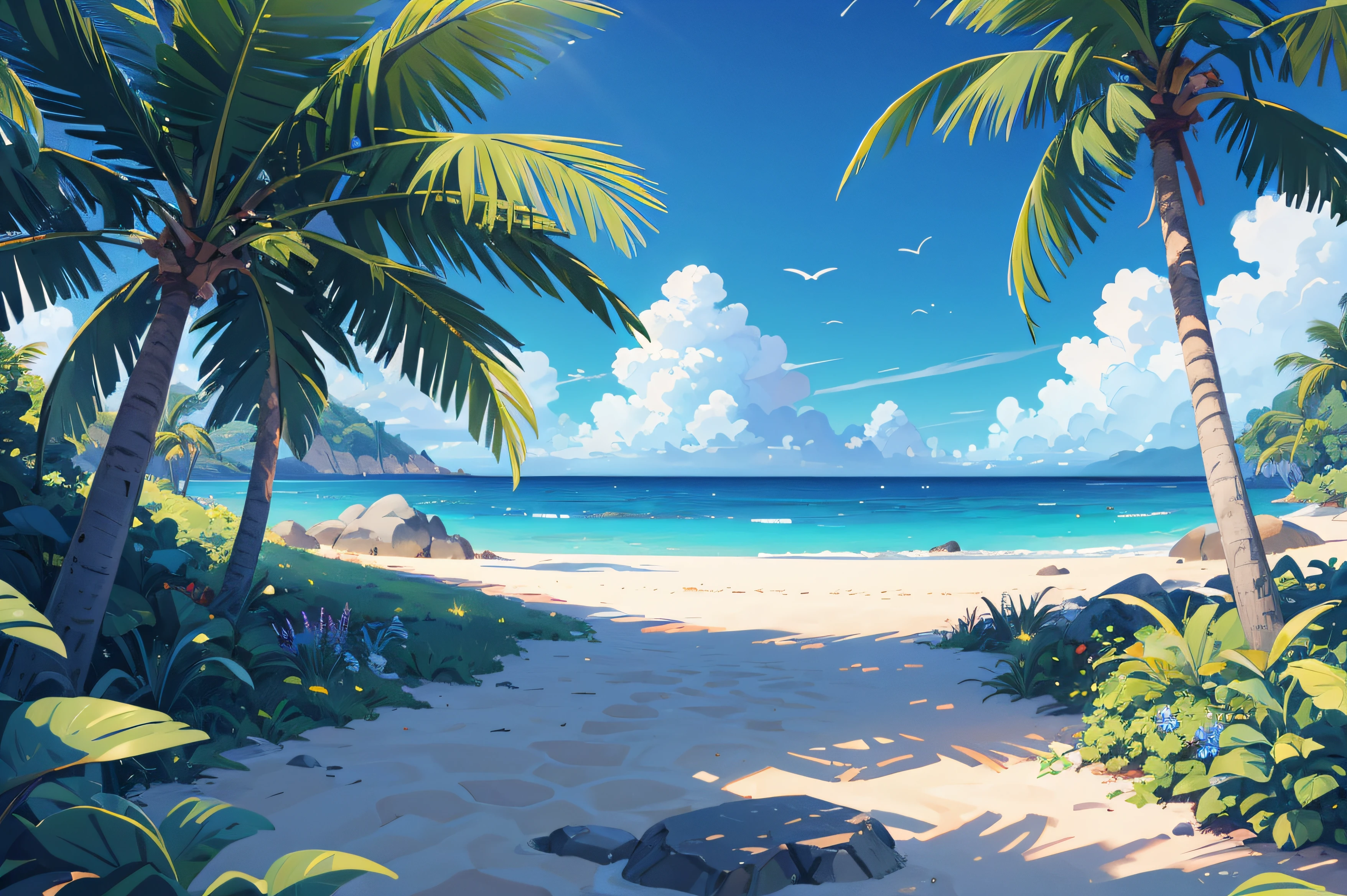 (illustrations : 1.0), Epic composition, photorealistic lighting, HD detail, ​masterpiece, Best quality at best, (Highly detailed CG integrated 8k wallpaper) , blue sky, blue ocean, The sea seen from the coastal forest, palm tree in the middle of the screen