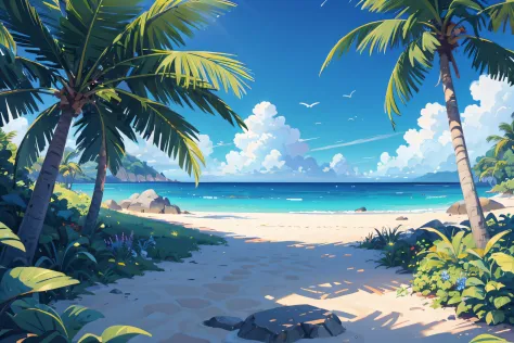 (illustrations : 1.0), Epic composition, photorealistic lighting, HD detail, ​masterpiece, Best quality at best, (Highly detailed CG integrated 8k wallpaper) , blue sky, blue ocean, The sea seen from the coastal forest, palm tree in the middle of the scree...