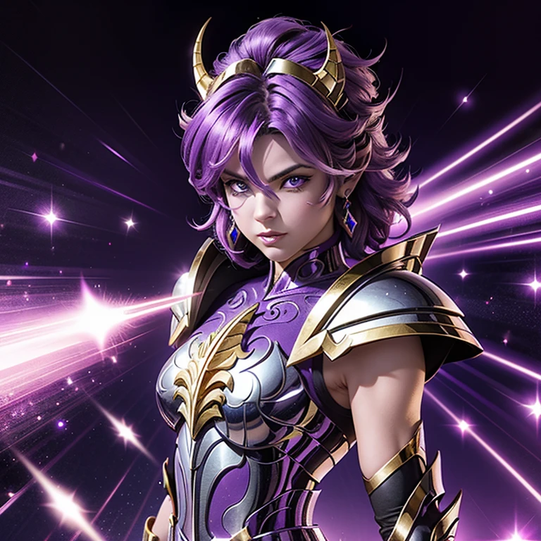 Une femme portant une armure , Saint seiya, Armure Licorne Violette, Cheveux foncés et violets, Cheveux courts, , Caractère charismatique, Avatar de seconde vie, Belle capture d&#39;écran, Femme seduisante vue complète du corps, Haute qualité, Peau très détaillée