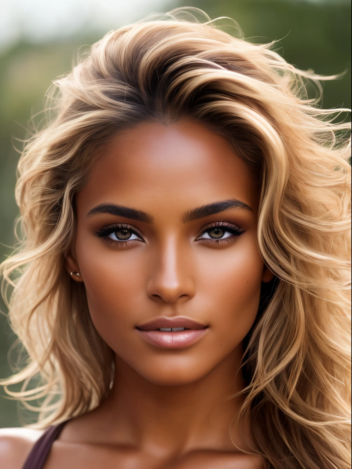 A photorealistic portrait of a stunningly beautiful tanned Brazilian female supermodel with light make-up, photo for the cover of a fashion magazine, extremely detailed light honey eyes, detailed symmetric realistic face, extremely detailed natural texture, peach fuzz, windy messy hair, sexy, masterpiece, absurdres, award winning photo by lee jeffries, nikon d850 film stock photograph, kodak portra 400 camera f1.6 lens, extremely detailed, amazing, fine detail, rich colors, hyper realistic lifelike texture, dramatic lighting, unrealengine, trending on artstation, cinestill 800 tungsten, looking at the viewer, photo realistic, RAW photo, TanvirTamim, high quality, highres, sharp focus, extremely detailed, cinematic lighting, 8k uhd,-imagine-