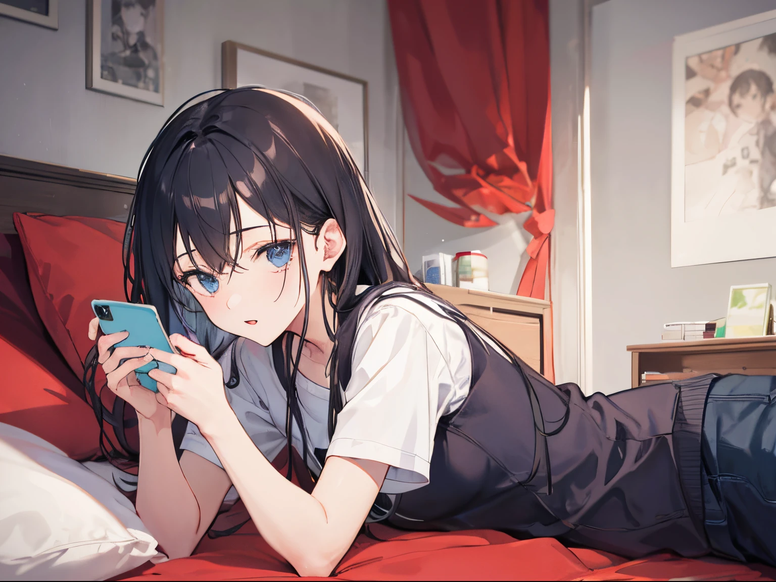 Chica anime acostada en la cama mirando su teléfono celular - SeaArt AI