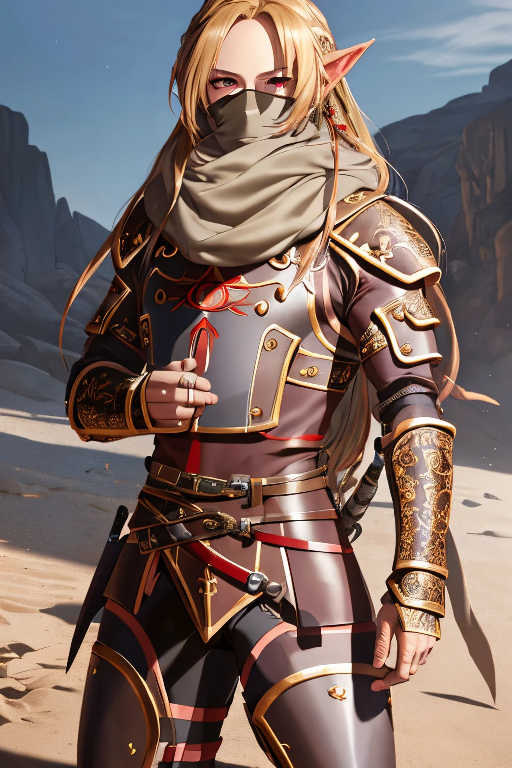 16k, HD, Professional, Highly Detailed, ((Masterpiece: 0.3)), (((High Quality))), Ultra-detailed face, Highly Detailed Lips, Detailed Eyes, full body, 1 male, wrapped in linen, eyes, leather armor, wielding rifle, tan colored armor and wraps, face covered by dragon mask, pointed ears, (brown clothing), red scales around eyes, mask, desert