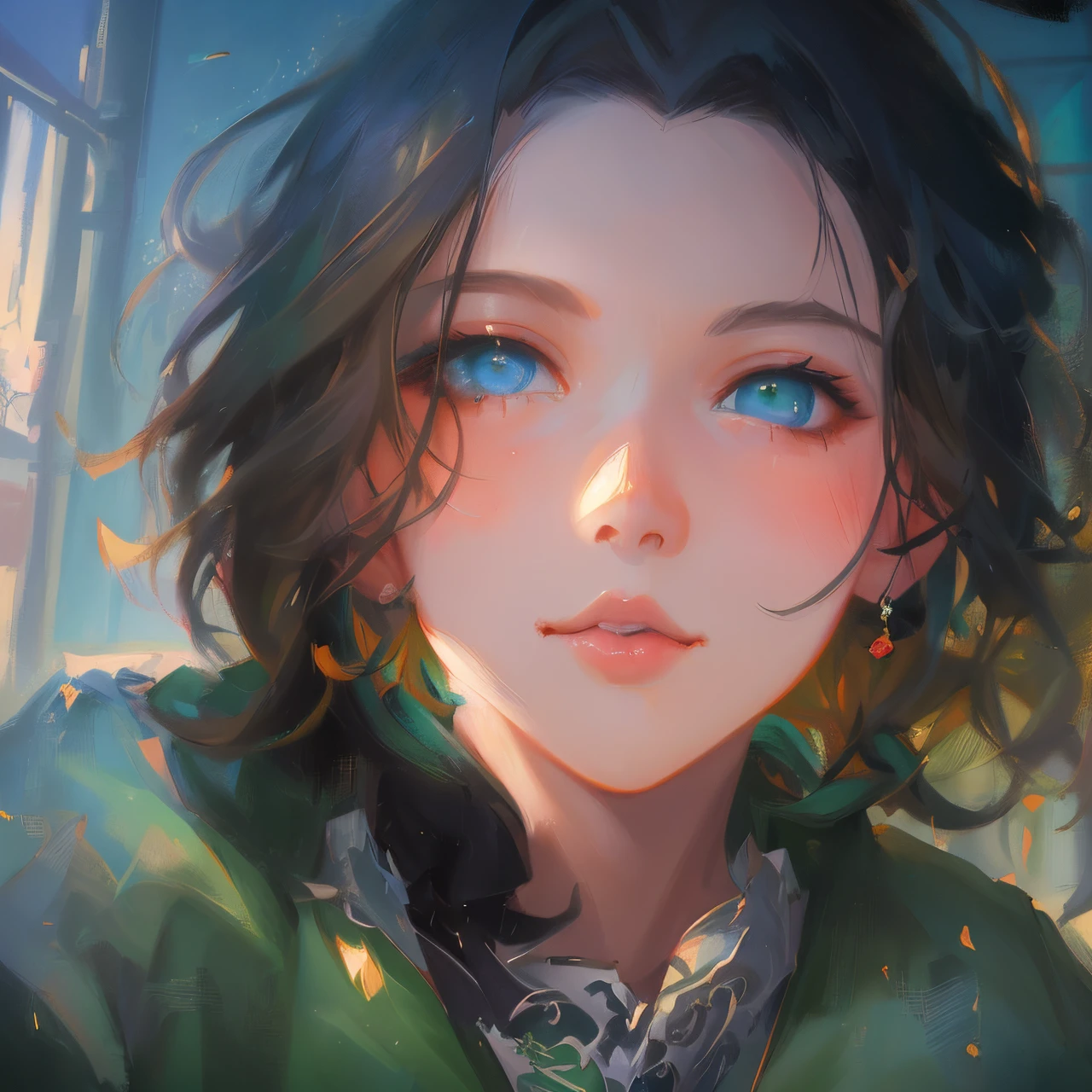 anime girl with blue eyes and a green jacket, artwork in the style of guweiz, kawaii realistic portrait, beautiful anime portrait, detailed portrait of anime girl, anime style portrait, stunning anime face portrait, 🤤 girl portrait, high quality portrait, cute portrait, anime character portrait, realistic anime artstyle, in the art style of bowater, digital anime illustration