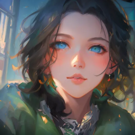 anime girl with blue eyes and a green jacket, artwork in the style of guweiz, kawaii realistic portrait, beautiful anime portrai...