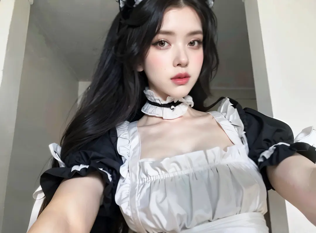 there is a woman in a maid outfit posing for a picture, amouranth, pale goth beauty, young beautiful amouranth, gorgeous maid, cosplay of a catboy! maid! dress, better known as amouranth, maid outfit, pale snow white skin, pale porcelain white skin, maid d...