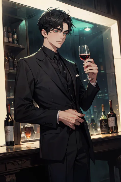 ((One young man with a black suit and tie)), gotham, alejandro, (((side swept black short hair))), (dark green eyes and thick ey...