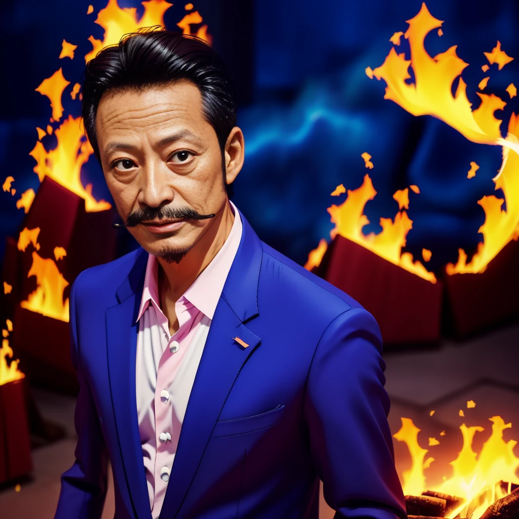 55 years old，Hidetoshi Nakata ，（Kogoro Mouri 1.3), A man in a blue suit, tong, mustache，little beard，masterpiece，4k hd，with pink fire superpower,pin fire colour, magician, pink fire effect, anime style