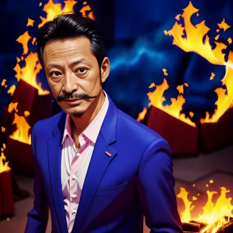55 years old，Hidetoshi Nakata ，（Kogoro Mouri 1.3), A man in a blue suit, tong, mustache，little beard，masterpiece，4k hd，with pink...
