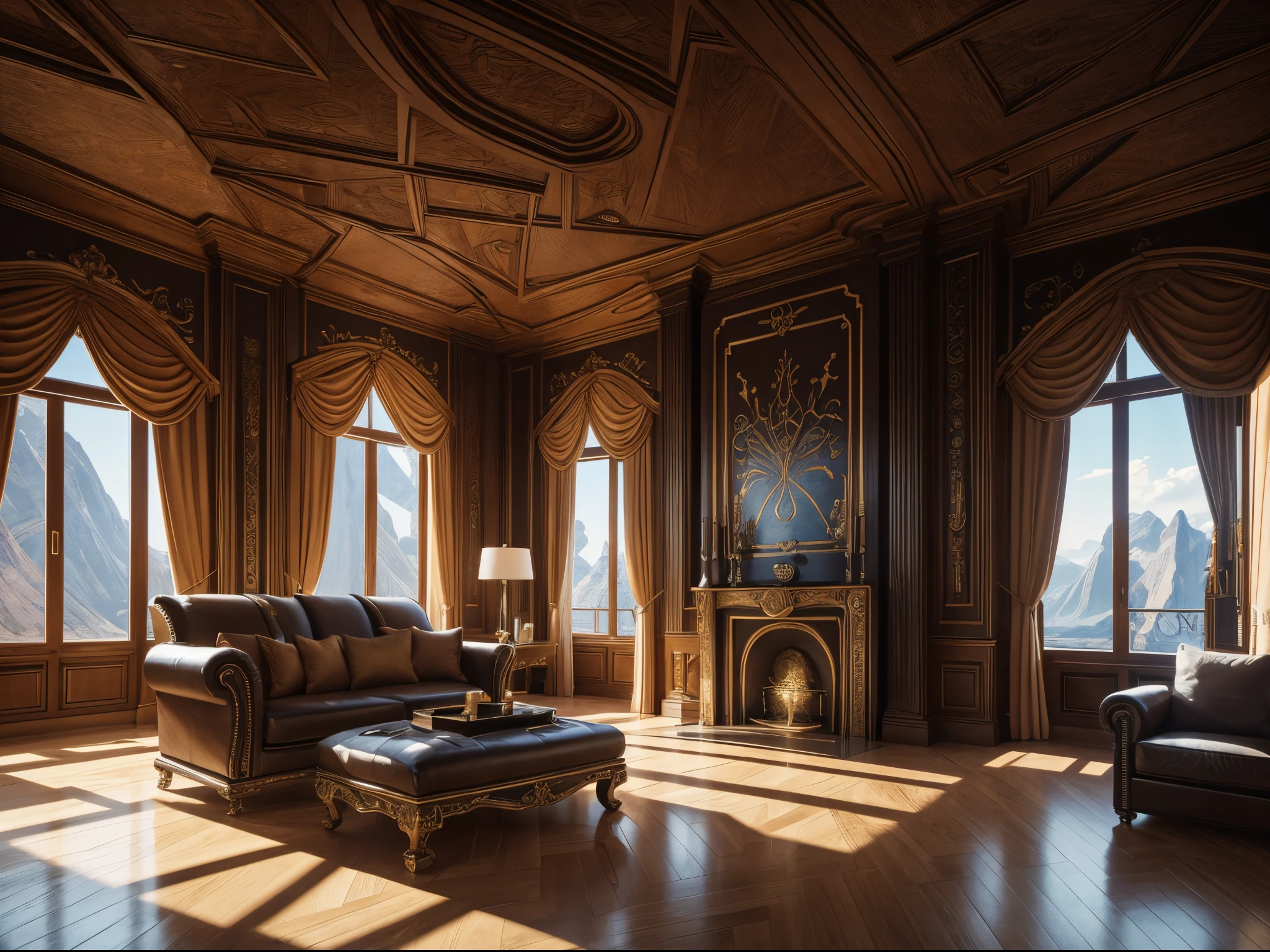 Interior of a room with abstract curving carvings with a luxurious professional design by a famous abstract construction interior designer that brings these fantasy curves to a breathtaking surreal masterpieces designs to life, professionally photographed with 8k insane sharp focus quality surroundings