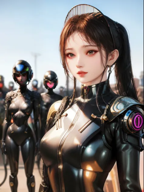 A woman wearing a helmet stands in front of a group of mannequins, Ju Jingyi Cyberpunk Art, Computer Graphics Association, retro...