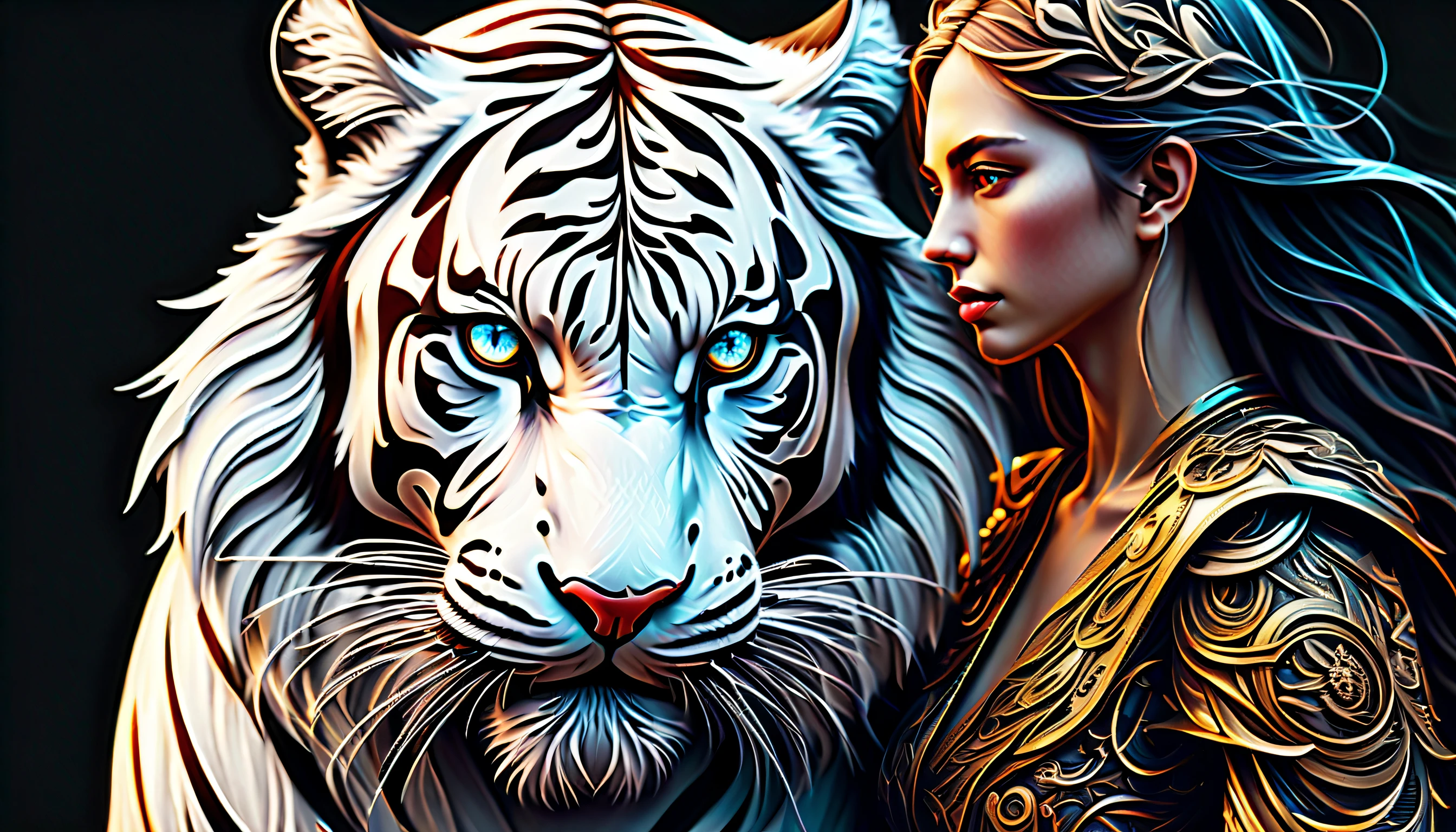 (((two characters intricate detailed digital illustration:1.5))), (((a fierce with powerful white_tiger:1.3))), (((dark fantasy of epic detail illustration:1.3))), (((extremely intricate detail brushstrokes of ride on knight girl with ornament sword:1.4))), (large and slant up eyes:1.1), beauty glow eyes, cinematic angle with still, featuring dynamic clash between atmosphere, rich colors, breathtaking beauty intricate detail, creative and interesting, intricate details and realistic 32k rendering, extremely intricate detailed, imagination breathtaking realm dark fantasy, enchanting of dark fantasy environment, surrealism background, intricate details and flawless quality, high contrast masterpiece, delivering a visually stunning, dark fantasy and fantasia harmony, exquisite high-definition drawing, limitlessly high resolution, (sharp resolution:1.1), (((all captured in sharp focus:1.2))), (((rendered in stunning 32k resolution:1.4))), (((beautiful detail glow:1.3))), impeccable quality, (((highest quality:1.4))), highly quality, best quality, (((extremely insane detail:1.4))),