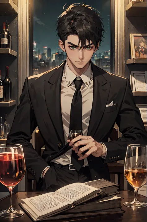 ((One young man with a black suit and tie)), gotham, alejandro, (((side swept black short hair))), (dark green eyes and thick ey...