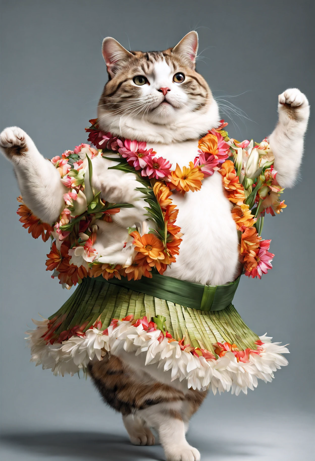 A close up of a cat wearing a hula skirt and flowers - SeaArt AI