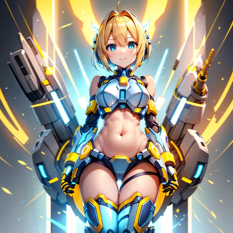 Mecha Girl、energetic character、Blonde Bob Hair、yellow and light blue unit on head、White breastplate、Exposure of the belly、Thigh exposure、Yellow armor（With light blue line）、Blue eyes、Yellow mechanical shoes on my feet、Stick your hand forward and fire a beam from the machines around you.、a smile、Effects of electricity、near future、