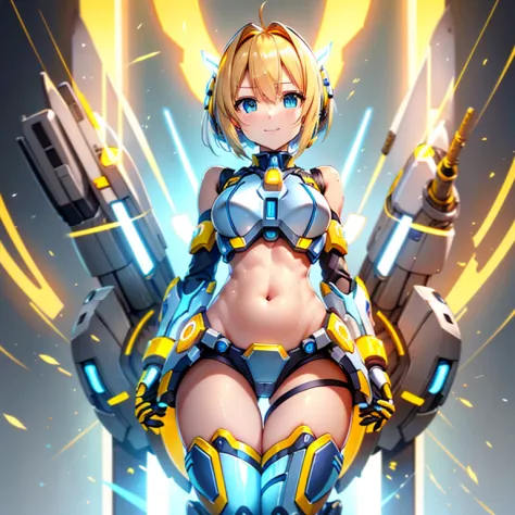 mecha girl、energetic character、blonde bob hair、yellow and light blue unit on head、white breastplate、exposure of the belly、thigh ...