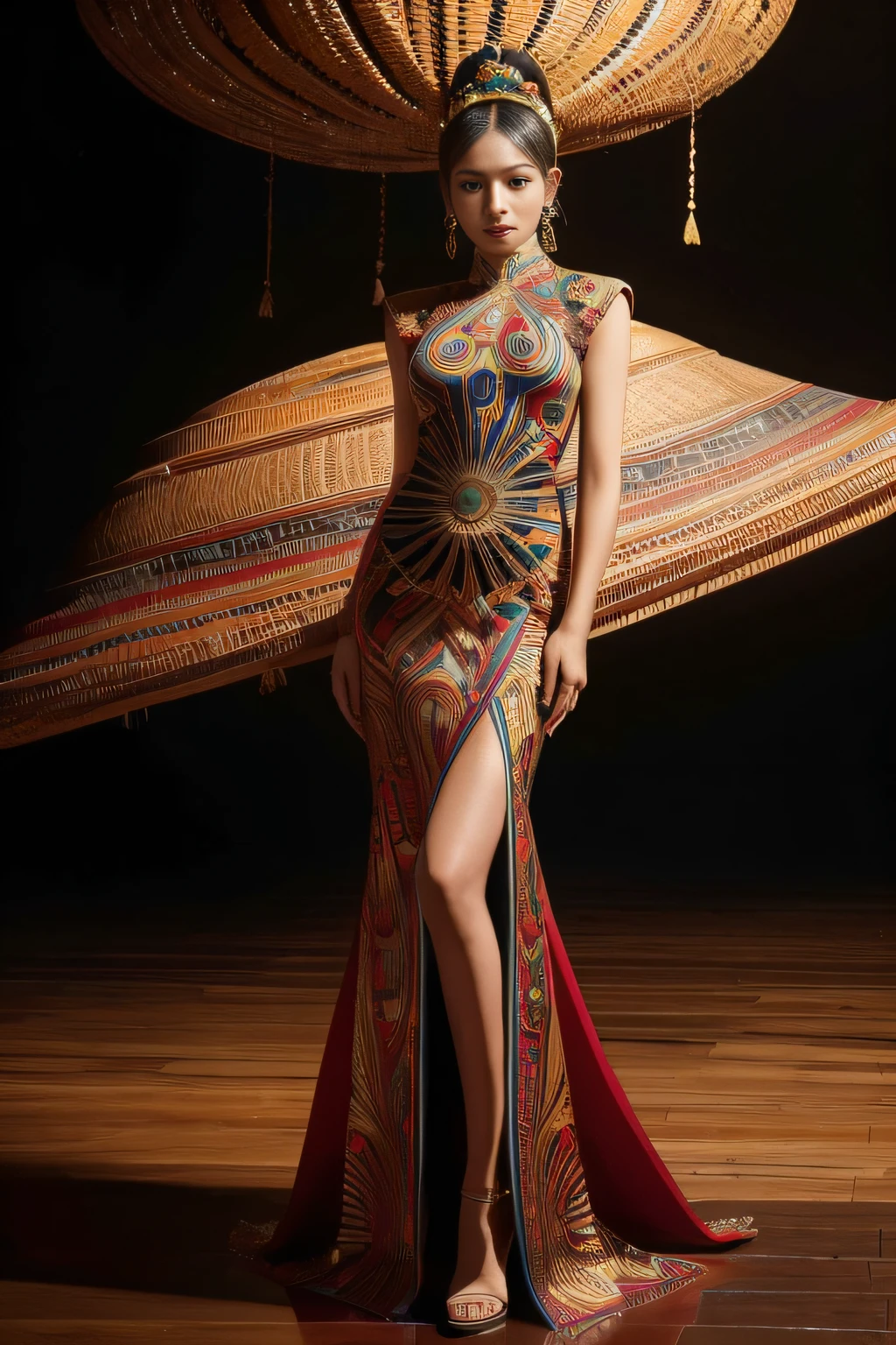 An Indonesian-styled futuristic suit worn by a girl depicting cultural fusion and modern fashion. The suit is adorned with intricate patterns and vibrant colors, showcasing the rich heritage of Indonesia. The girl stands confidently in a dynamic pose, with her detailed eyes reflecting determination and curiosity. The suit's material is a combination of traditional textiles and futuristic synthetic fabrics, giving it a unique and avant-garde appearance. The overall image quality is of the highest standard, with sharp focus and ultra-detailed rendering. The artwork employs physically-based rendering techniques, resulting in realistic lighting and shadows. The colors are vivid and vibrant, capturing the essence of Indonesian cultural aesthetics. The background features a fusion of modern architecture and traditional elements, creating a harmonious blend of the past and the future. The prompt explores the intersection of Indonesian culture, futuristic design, and the artistic representation of a confident girl.