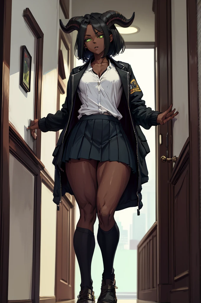 (Masterpiece) (High Detail) (High Res) (Black Skin) Looking from below A young black humanoid girl with dark skin and ebony flesh and green eyes and short black hair and goat ears and short dark goat horns and a toned teen body and average to small breasts dressed in a  outfit wearing a pleated skirt and a school jacket at an academy in the halls