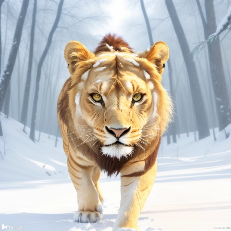 il y a un lion blanc qui marche dans la neige dans les bois, Lion blanc, 3 0, tigre, ((lion)), lion_beast, digital art animal photo, Prowling in the forest, majestueux!!! beau!!!, highly realistic photo, Lion anthropomorphe, Being majestic in the forest, beau!, avec un museau blanc, 2 0, photoréel »