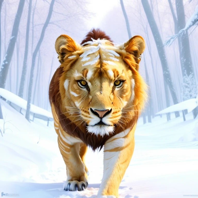 il y a un lion blanc qui marche dans la neige dans les bois, Lion blanc, 3 0, tigre, ((lion)), lion_beast, digital art animal photo, Prowling in the forest, majestueux!!! beau!!!, highly realistic photo, Lion anthropomorphe, Being majestic in the forest, beau!, avec un museau blanc, 2 0, photoréel »